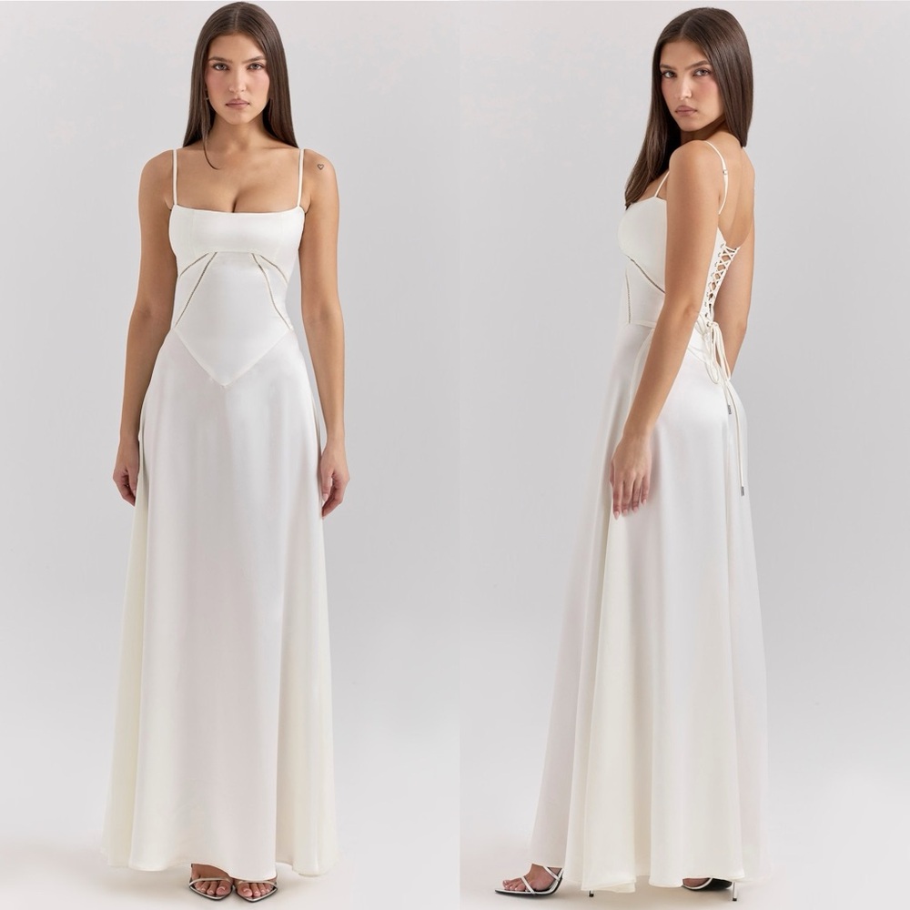 House of CB L A-C 'Anabella' Ivory Satin Lace Up Maxi‎ Dress NWOT - Picture 15 of 15
